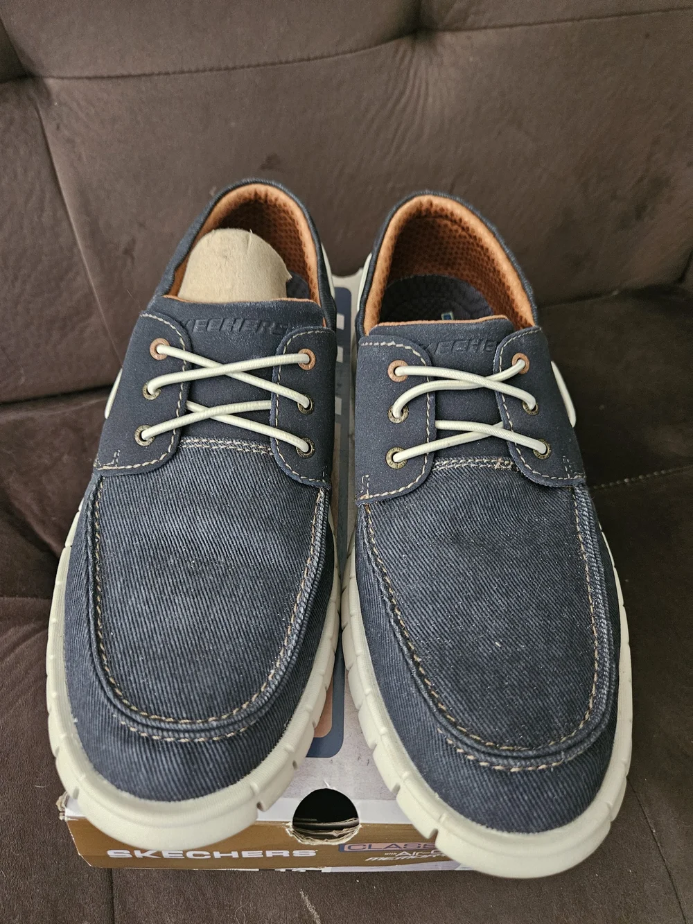Skechers Men's Navy Canvas Boat Shoes with White Soles
